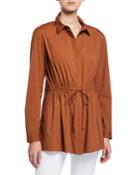 Lisa Italian Stretch-cotton Button-down Blouse W/ Drawstring-waist