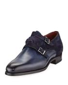 Antonio Suede/leather Triple-monk Oxford, Blue