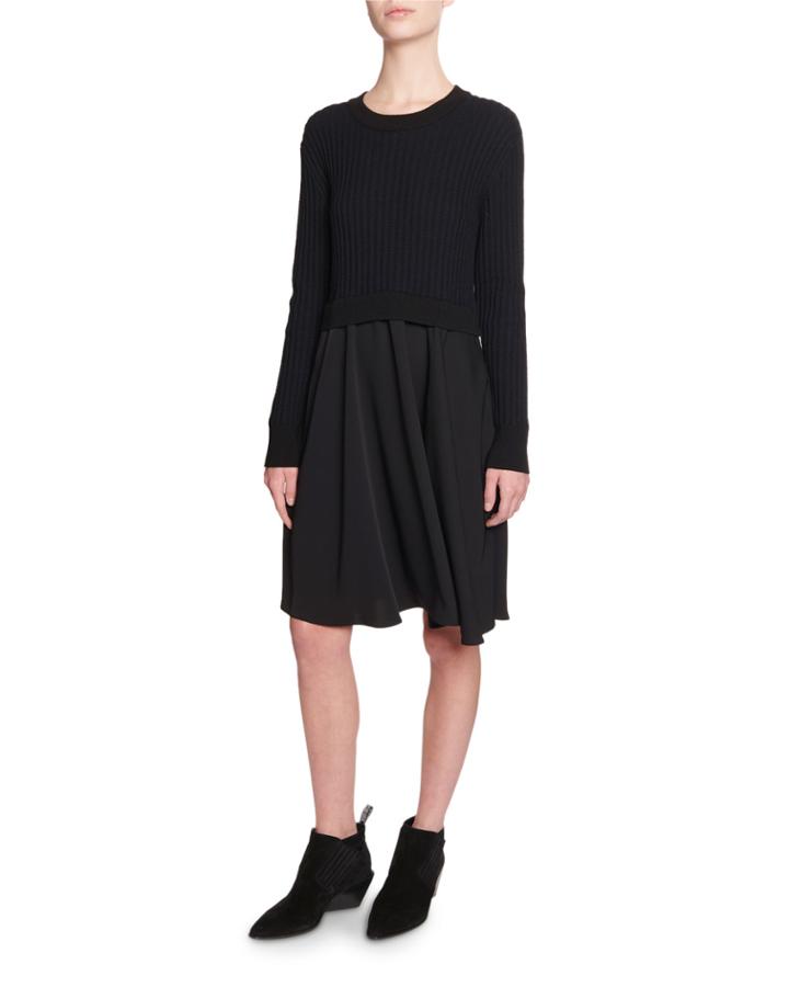 Mixed-knit Long-sleeve Dress