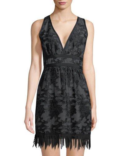 Sleeveless Lace Jacquard Fringe-hem Dress
