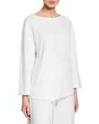 Plus Size Long-sleeve Cotton Interlock Top With Ruching & Tie Detail