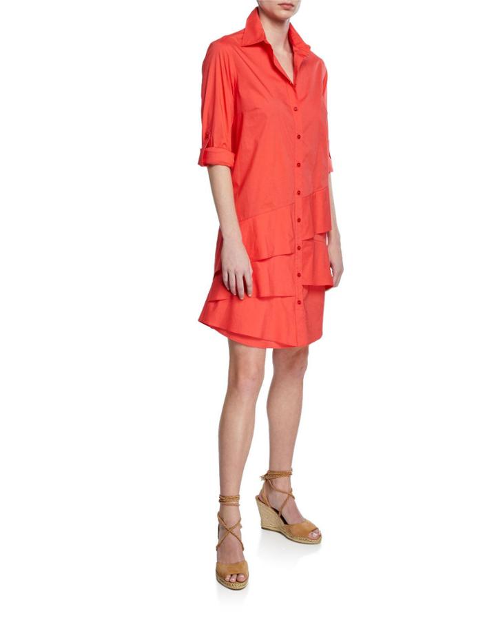 Petite Jenna Button-down Roll-tab Long-sleeve Ruffle-tiered