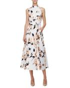 Sleeveless Metallic Floral-print Dress, Copper