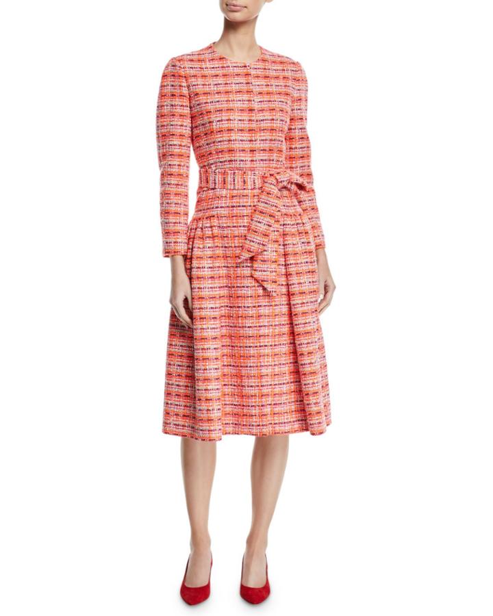 Long-sleeve Self-belt Gathered Tweed Coat