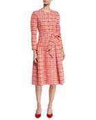 Long-sleeve Self-belt Gathered Tweed Coat