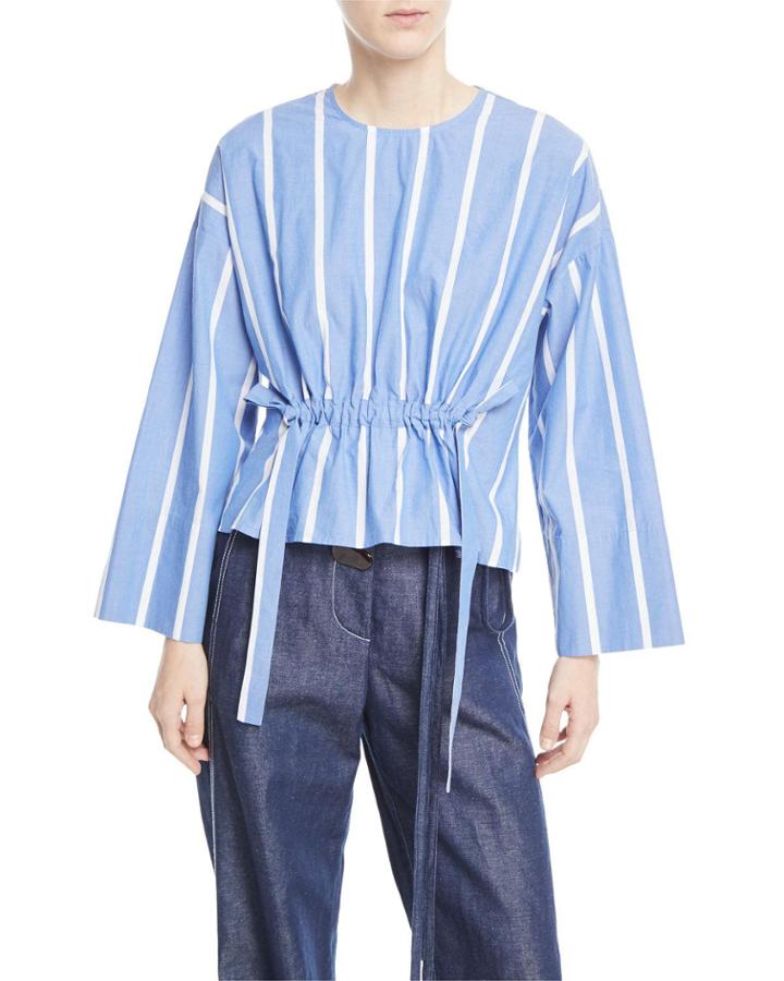 Brooke Crewneck Drawstring-waist Striped Cotton Blouse