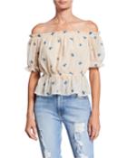 Off-the-shoulder Embroidered Chiffon Top