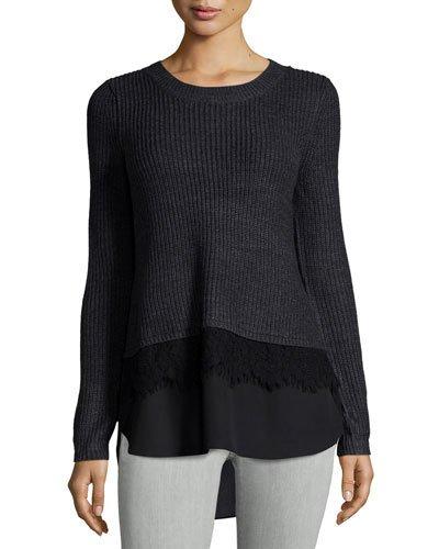 Crew-neck Mixed-media Pullover Sweater, Charcoal
