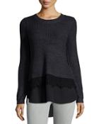 Crew-neck Mixed-media Pullover Sweater, Charcoal