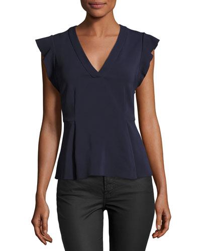 Flutter-sleeve V-neck Top, Navy