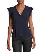 Flutter-sleeve V-neck Top, Navy