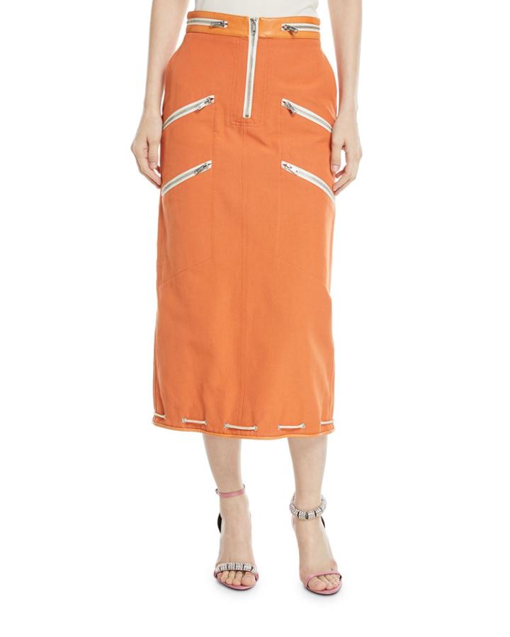 Slim A-line Cotton Skirt With Multi-zips & Leather Waistband