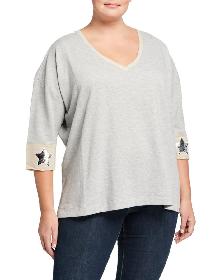 Plus Size V-neck 1/2-sleeve Sequin Star Embellished