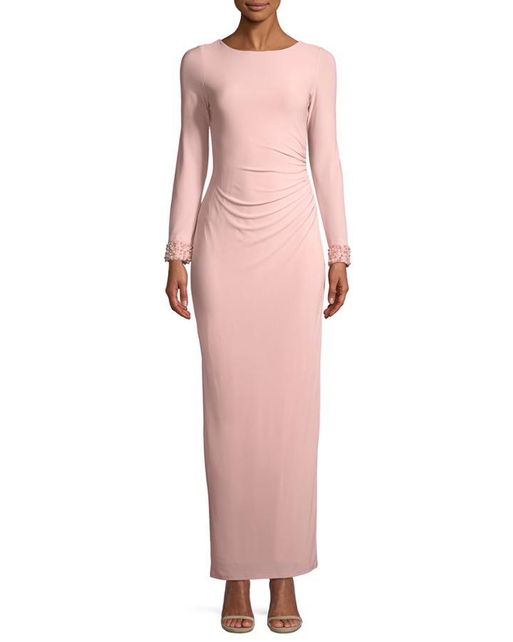 Pearlescent Cowl-back Long-sleeve Gown