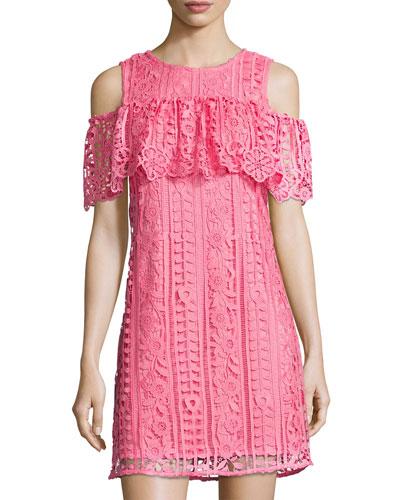 Cold-shoulder Lace Shift Dress, Watermelon