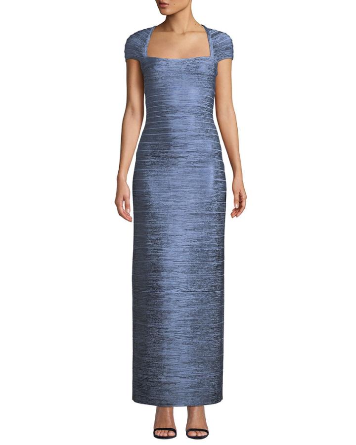 Cap-sleeve Foil Column Evening Gown