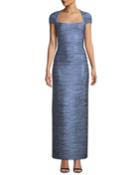 Cap-sleeve Foil Column Evening Gown