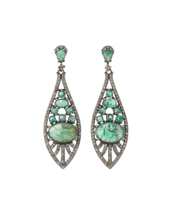 Emerald Dangle Earrings W/ Diamonds