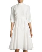 Short Sleeve Plisse Dress, White