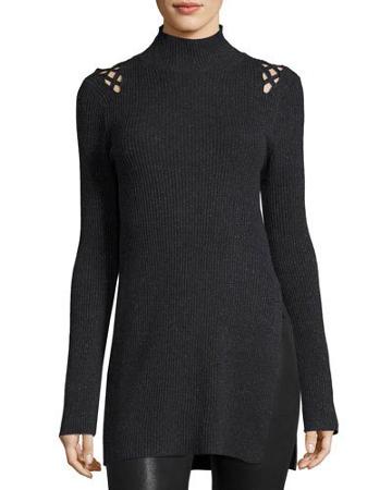 Lattice-shoulders Turtleneck Tunic, Charcoal
