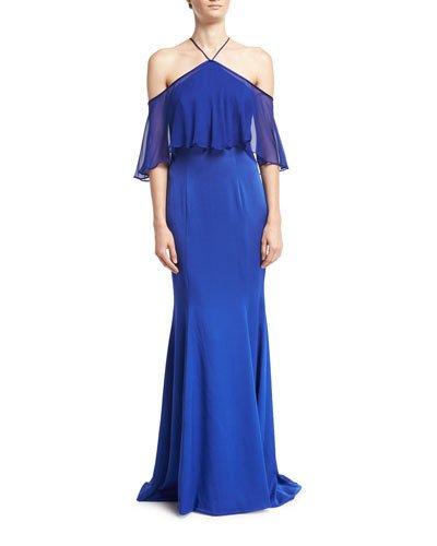 Off-the-shoulder Halter-neck Gown, Cobalt