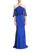 Off-the-shoulder Halter-neck Gown, Cobalt