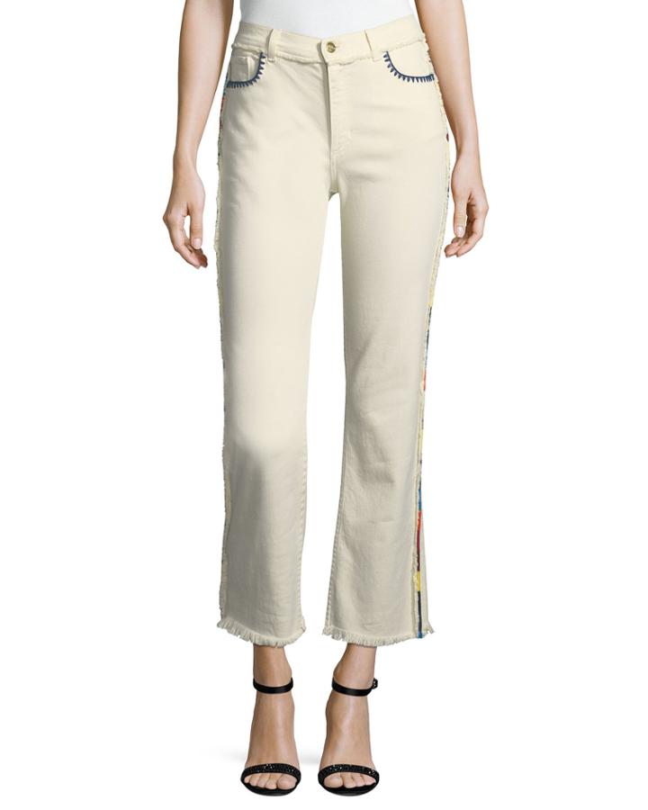 High-rise Straight-leg Raw-hem Denim Jeans W/ Multicolor Trim