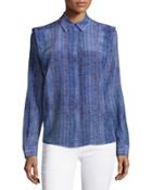 Lizard-print Long-sleeve Blouse, Purple