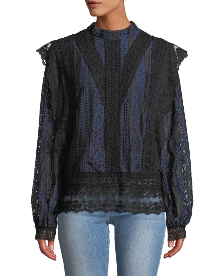 Colorblocked Lace Balloon-sleeve Blouse