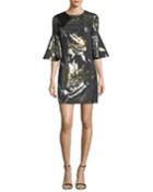 Bell-sleeve Metallic Rose Jacquard Cocktail Dress