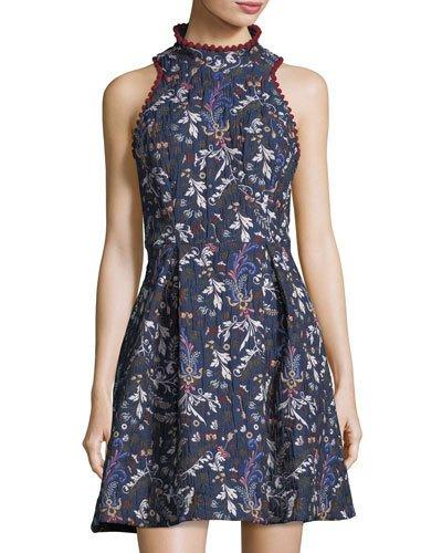 High-neck Jacquard Fit-and-flare Dress
