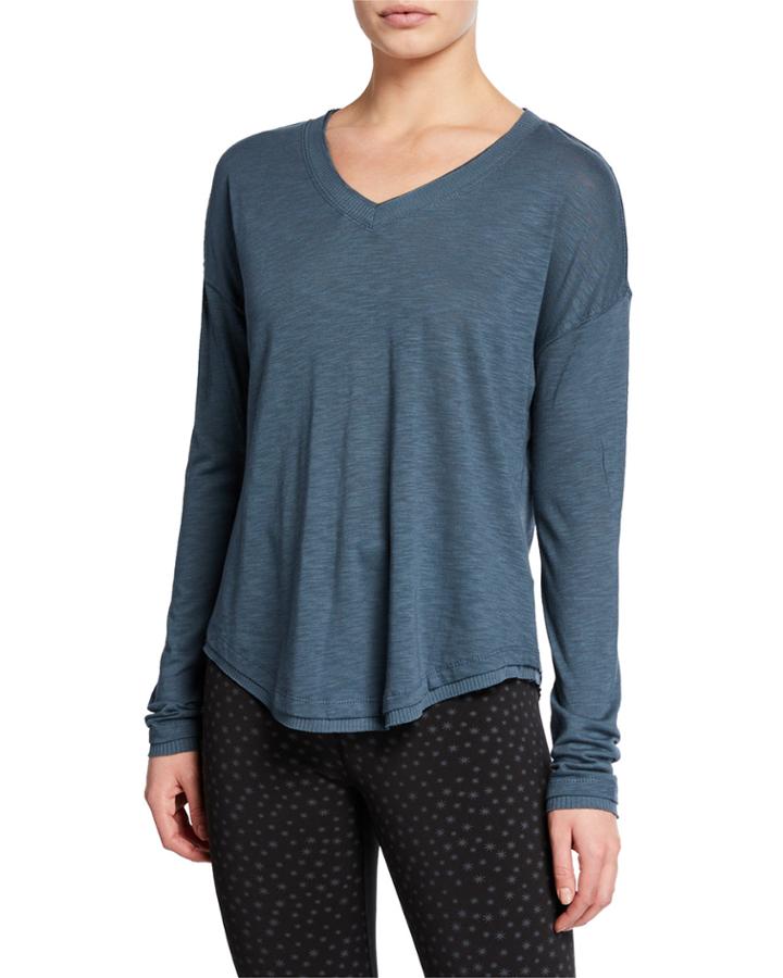 Rib-trim V-neck Long-sleeve Tee