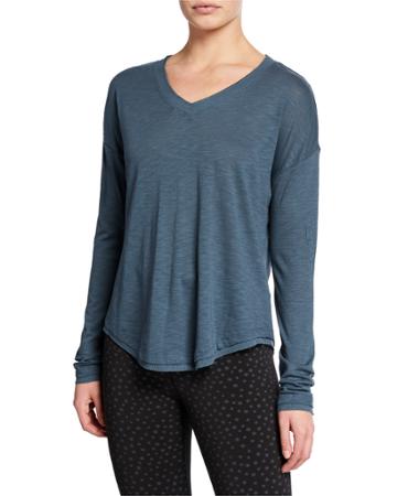 Rib-trim V-neck Long-sleeve Tee