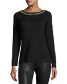 Knit Sweater W/rhinestone Embroidery, Black