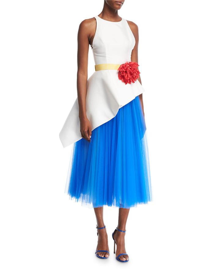Sleeveless Mikado & Tulle Asymmetrical Midi Dress With Flower Belt