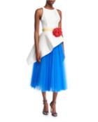 Sleeveless Mikado & Tulle Asymmetrical Midi Dress With Flower Belt