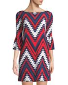 3/4-bell Sleeve Chevron Print Dress