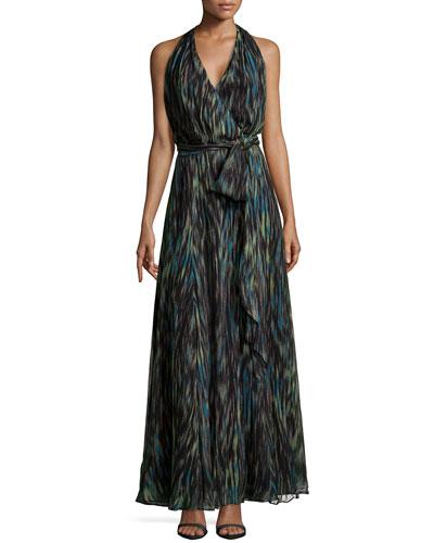 Striated Chiffon Halter Maxi Dress, Dark Emerald