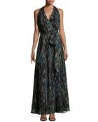 Striated Chiffon Halter Maxi Dress, Dark Emerald