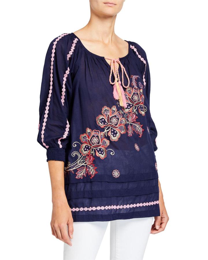 Finley Embroidered Tassel Tie Top