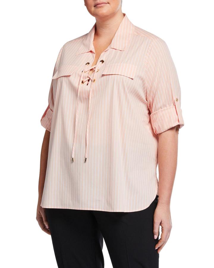 Plus Size Striped Lace-front Tunic