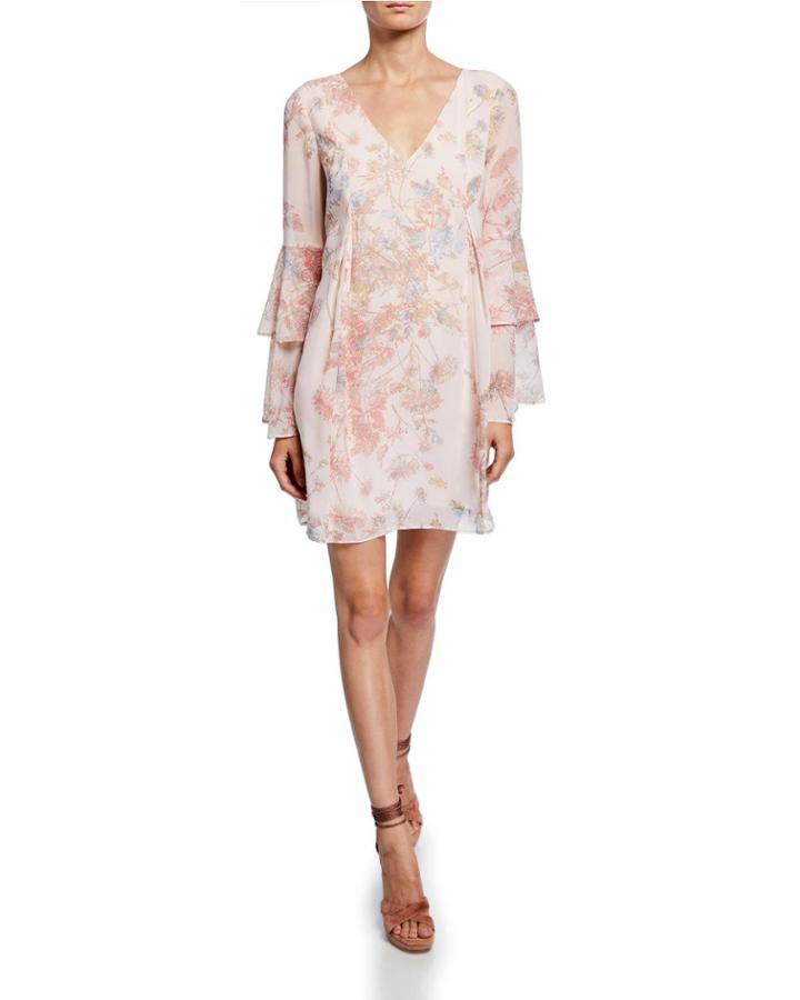 Watercolor Floral Tiered-sleeve Dress