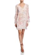 Watercolor Floral Tiered-sleeve Dress