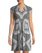 V-neck Sleeveless Pleated Geometric-print A-line Dress