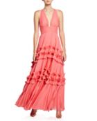 V-neck Sleeveless Pleated Gown With Smocked Ruffle Trim