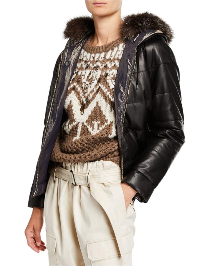 Reversible Quilted Leather Jacket With Fur Hood