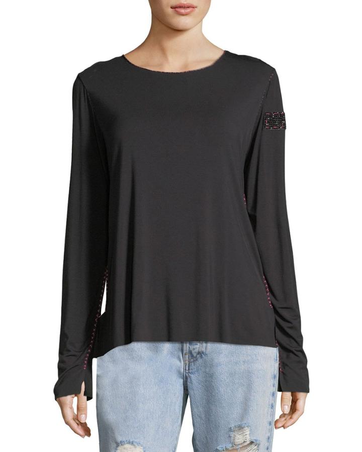 Crewneck Long-sleeve Top With Topstitching & Beaded Trim