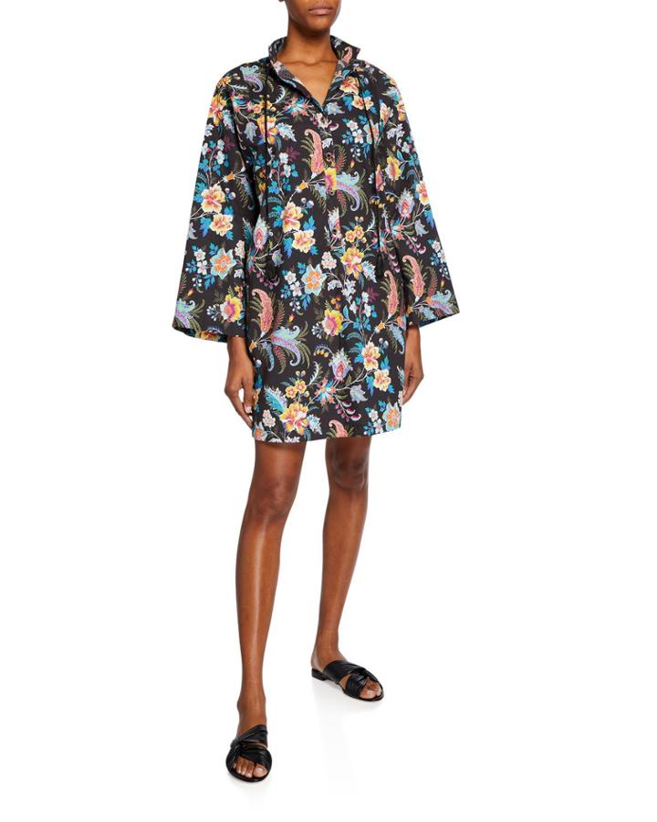 Fern Floral Cotton Jewel-button Dress