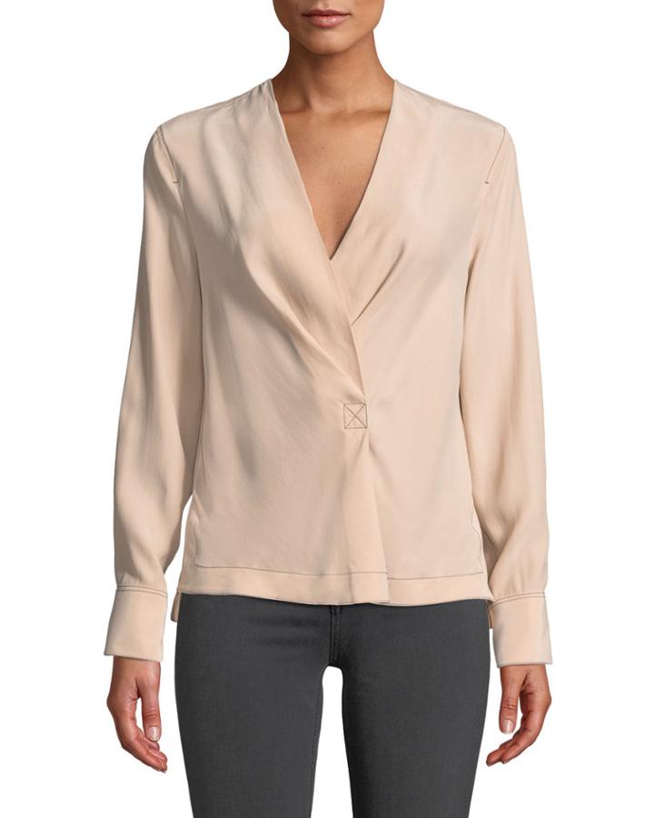 Shields Silk Drape-front Long-sleeve Blouse