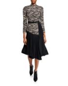 Peyton Zebra Mock-neck 3/4-sleeve Pleated Dress